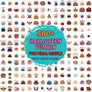 Pode incluir: Uma coleção digital de mais de 500 designs gráficos de abóboras de Halloween em formato PNG. O gráfico circular central em azul-petróleo apresenta o texto laranja e preto 500+ HALLOWEEN PUMKIN PNG MEGA BUNDLE 300 DPI - INSTANT DOWNLOAD.