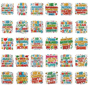 May include: A collection of thirty colorful graphic stickers featuring various HR-themed slogans and phrases such as HR Chronicles, HR Squad, HR Superhero, HR Patrol, HR Expert, HR Stars, HR Wizards, HR Champions, and HR Heroes with icons.