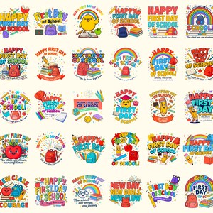 Può includere: Una collezione di trenta adesivi digitali colorati con il testo Happy First Day of School, illustrati con materiale scolastico come zaini, matite, libri, mele e arcobaleni in un vivace design grafico in stile cartone animato.