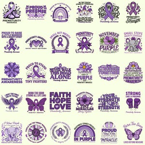Puede incluir: Una colección de veinticinco diseños gráficos de temática morada para la concienciación sobre la prematuridad, con ilustraciones de lazos, mariposas, elefantes, flores, arcoíris y guantes de boxeo, acompañados de varias frases inspiradoras.