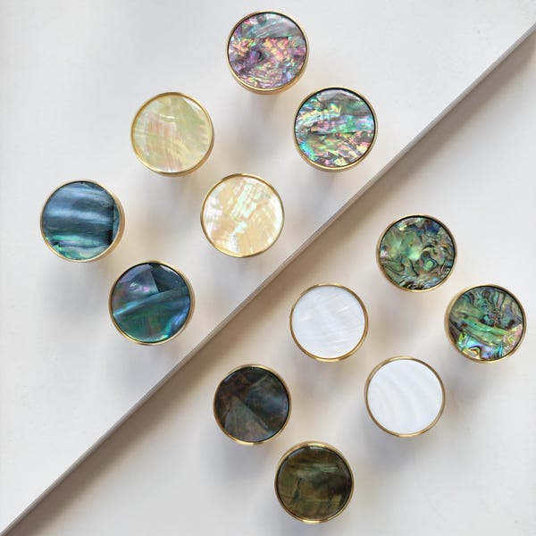 Mother of Pearl Cabinet Knobs, Iridescent Shell Drawer Pulls, Brass Furniture Hardware, Coastal Modern Glam, Art Deco Dresser Knob