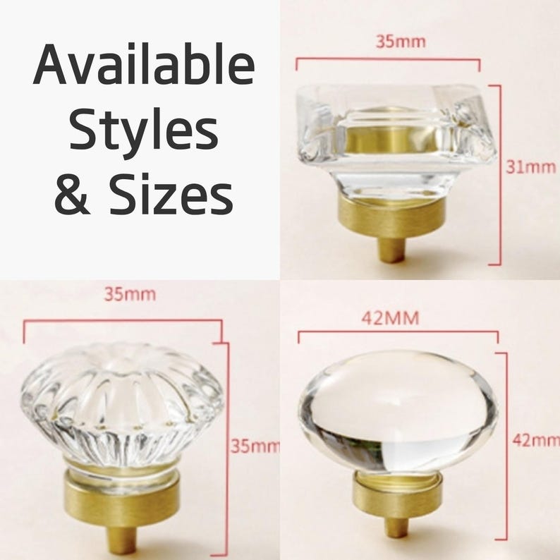 May include: Three clear glass cabinet knobs with brass-toned metal bases. The top left knob is square, measuring 35mm by 31mm. The bottom left knob is round and fluted, measuring 35mm by 35mm. The bottom right knob is smooth and round, measuring 42mm.