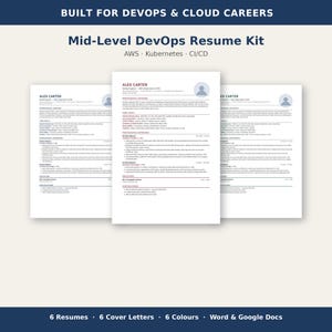 Może przedstawiać: Cyfrowy zestaw szablonów CV zatytułowany Mid-Level DevOps Resume Kit, zawierający tekst dla AWS, Kubernetes i CI/CD. Dokument zawiera sekcje dotyczące podsumowania zawodowego, kluczowych umiejętności, doświadczenia, wykształcenia i certyfikatów.