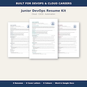 May include: A Junior DevOps Resume Kit featuring three white document templates with dark blue text. The header reads Built for DevOps & Cloud Careers, Junior DevOps Resume Kit, Cloud, CI/CD, Automation, and 6 Resumes, 6 Cover Letters, 6 Colours, Word & Google Docs.