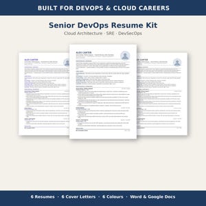 Może przedstawiać: Zestaw CV Senior DevOps zawierający trzy białe szablony dokumentów z ciemnoniebieskim tekstem. Nagłówek brzmi BUILT FOR DEVOPS & CLOUD CAREERS, Senior DevOps Resume Kit, Cloud Architecture, SRE, DevSecOps. Stopka zawiera tekst 6 Resumes, 6 Cover Letters, 6 Colours, Word & Google Docs.