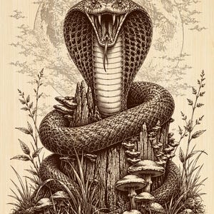 Puede incluir: Una ilustración monocromática detallada sobre un fondo de veta de madera clara que muestra una cobra con la capucha desplegada y la boca abierta, enroscada alrededor de un tocón de árbol desgastado cubierto de setas, con hierbas altas y una luna llena.