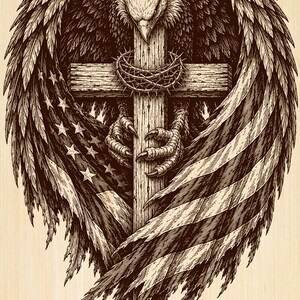May include: A dark brown wood-engraved illustration featuring a bald eagle with large, spread wings that incorporate the pattern of the American flag. The eagle clutches a wooden cross adorned with a crown of thorns in its sharp talons.