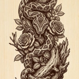 Può includere: Un'illustrazione dettagliata a inchiostro marrone e nero su uno sfondo con venature del legno chiaro che raffigura un serpente avvolto attorno a un ceppo d'albero usurato. La composizione include rose in fiore e rami intrecciati al corpo.