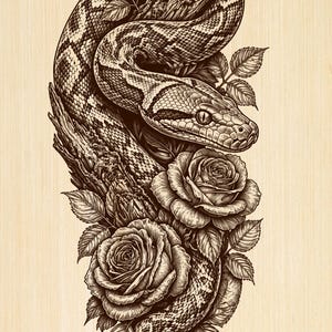 Könnte beinhalten: Eine detaillierte, braun-cremefarbene, monochrome Illustration einer Schlange, die sich um ein Stück Treibholz windet, umgeben von zwei blühenden Rosen und mehreren Blättern, alles ausgeführt mit komplexen Schraffuren und feinen Linien.
