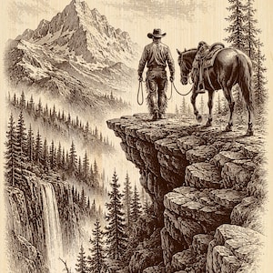 May include: A sepia-toned wood engraving illustration depicting a cowboy in a hat and chaps standing on a rocky cliff edge with a saddled horse. The scene features a vast mountain range, a dense pine forest, and a waterfall cascading into a deep valley.