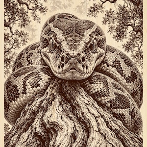 Puede incluir: Una detallada ilustración monocromática en tonos marrón y crema de una serpiente grande enroscada sobre un tronco de árbol texturizado. La serpiente presenta patrones de escamas intrincados y ojos enfocados, con ramas y cielo de fondo.
