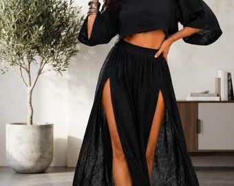 Svart bomullsset med kort topp och maxikjol | Boho Beach Resort Wear tvådelat