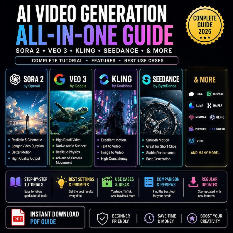 Op de afbeelding: Een informatieve grafische afbeelding met de titel AI Video Generation All-In-One Guide 2025. Het bevat secties voor Sora 2, Veo 3, Kling en Seedance, met een opsomming van hun functies. Aanvullende tools worden vermeld, samen met secties voor tutorials, instellingen en een directe PDF-download.