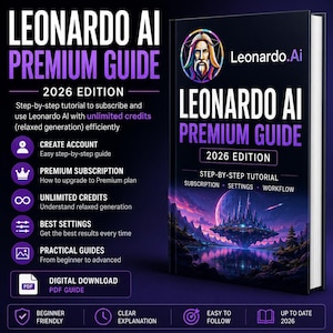 Op de afbeelding: Een digitale gids getiteld Leonardo AI Premium Guide 2026 Edition, met een boekomslag met een fantasielandschap-illustratie, een rond logo van een bebaarde figuur en tekst met stapsgewijze handleidingen voor abonnementen en instellingen.