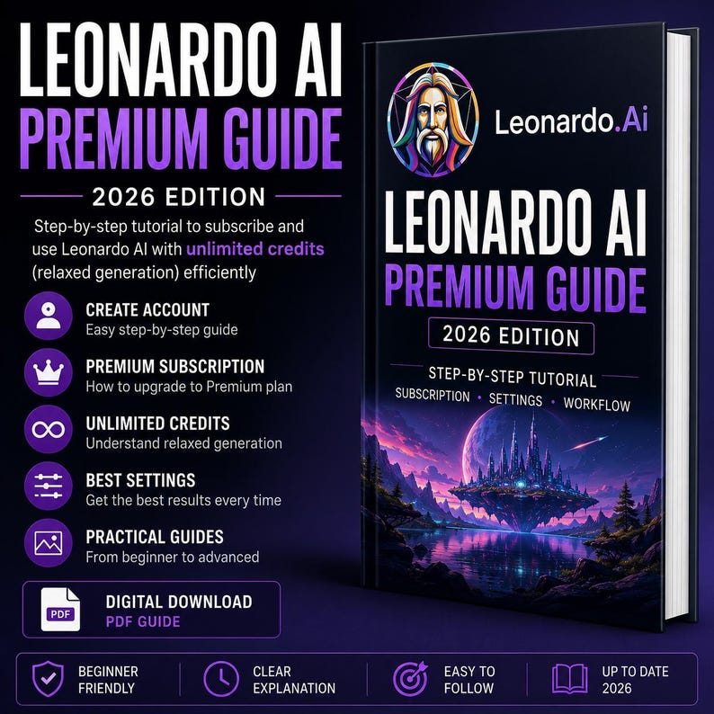 Op de afbeelding: Een digitale gids getiteld Leonardo AI Premium Guide 2026 Edition, met een boekomslag met een fantasielandschap-illustratie, een rond logo van een bebaarde figuur en tekst met stapsgewijze handleidingen voor abonnementen en instellingen.