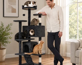 54" Dark Gray Multi-Level Cat Tree Condo with Perches & Toys