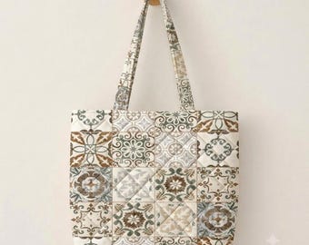 Vintage Mosaic Quilted Tote Bag, Boho Ceramic Tile Shoulder Bag, Aesthetic Cotton Tote Bag for Women, Mediterranean Pattern Travel Purse