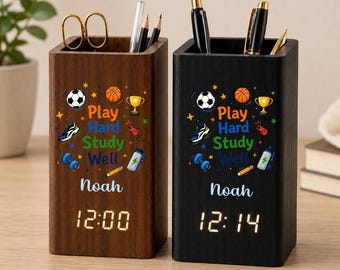 Personalized Pen Holder With Clock, Custom Name Desk Organizer, Kids Room Decor, Back to School Office for Kids
