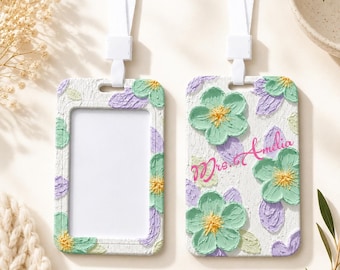 Personalized Floral ID Badge Holder, Custom Teacher Lanyard Badge Sleeve, Nurse Name Badge Holder, Flower Office Gift