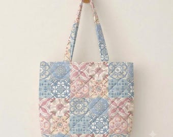 Quilted Tote Bag with Mediterranean Tile Pattern, Aesthetic Mosaic Cotton Shoulder Bag, Vintage Azulejo Pattern Purse, Cute Gift for Her
