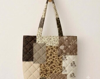 Brown Floral Patchwork Quilted Tote Bag, Aesthetic Vintage Tote, Cottagecore Shoulder Bag, Boho Quilt Purse, Grandma Core Coquette Bag