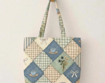Blue Quilted Patchwork Tote Bag, Coquette Aesthetic Bow Shoulder Bag, Cottagecore Teacup Gingham Market Tote, Cute Vintage Gift for Her