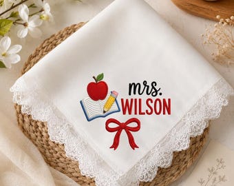 Personalized Embroidered Satin Handkerchief for Teacher, Custom Name Lace Handkerchief, Teacher Gift, Back to School Appreciation Keepsake