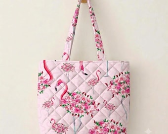 Pink Flamingo Tote Bag, Quilted Floral Tote, Tropical Vacation Bag, Flamingo Lover Gift for Women