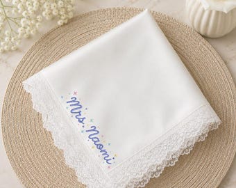 Custom Embroidered Name Handkerchief, Personalized Lace Handkerchief, Bridal Wedding Handkerchief, Mother's Day Gift, Keepsake Gift