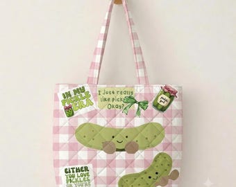 Pickle Lover Quilted Tote Bag, In My Pickle Era Tote, Funny Pickle Gift, Pink Gingham Tote Bag, Pickle Lover Gift