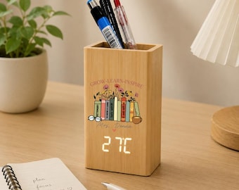 Custom Teacher Pen Holder With Clock, Teacher Appreciation Gift, Floral Book Pen Holder, Back To School Gift For Teachers