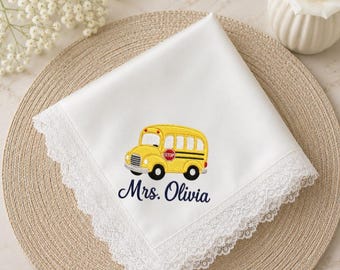 Personalized Embroidered Satin Handkerchief, Custom School Bus Teacher Gift, Lace Handkerchief with Name, Back to School Keepsake