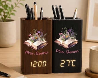 Personalized Teacher Name Desk Organizer,  Floral Book Pen Holder With Clock, Teacher Appreciation Gift, Back To School Gift For Teachers