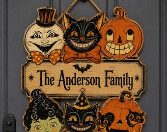 Personalized Halloween Wooden Sign, Custom Family Name Door Hanger, Vintage Halloween Decor, Black Cat Pumpkin Sign, Spooky Front Door Decor