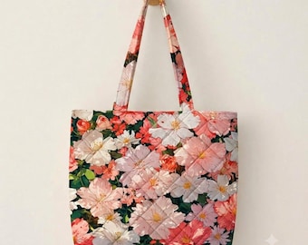 Quilted Cherry Blossom Tote Bag, Floral Cotton Shoulder Bag, Cute Aesthetic Coquette Aesthetic Handbag, Peach Flower Pattern School Tote