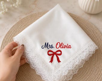 Personalized Embroidered Bow Satin Handkerchief, Custom Name Lace Handkerchief, Teacher Appreciation Gift, Mrs Gift, Bridal Keepsake