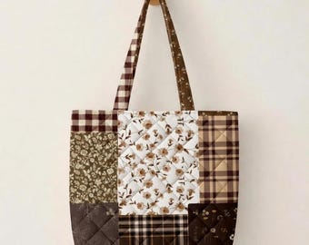 Brown Quilted Patchwork Tote Bag, Cottagecore Floral Plaid Shoulder Bag, Coquette Aesthetic Market Bag, Cute Autumn Tote Gift for Her
