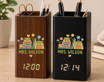 Personalized Teacher Pen Holder With Clock, Teacher Appreciation Gift, Floral Book Pen Holder, Back To School Gift For Teachers