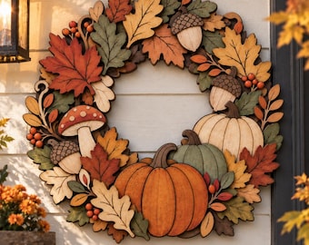 Fall Wooden Door Hanger, Pumpkin Maple Leaf Acorn Mushroom Wreath, Autumn Front Door Decor, Thanksgiving Harvest Farmhouse Welcome Sign