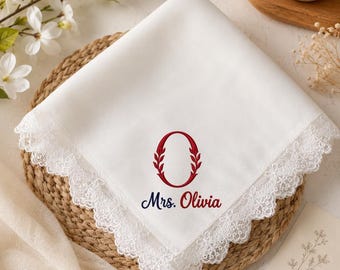 Personalized Embroidered Satin Handkerchief, Custom Monogram Lace Handkerchief, Initial Wedding Keepsake, Bridal Gift, Teacher Gift
