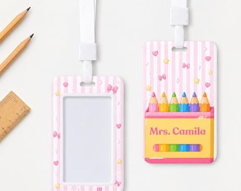 Personalized Teacher Badge Holder, Custom Name ID Badge Sleeve, Crayon Badge Holder, Preschool Teacher Gift, Cute School Lanyard