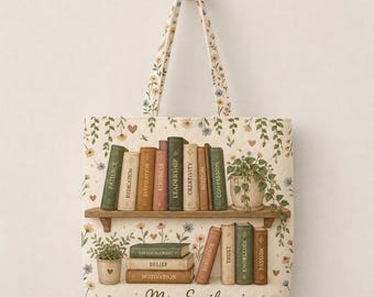 Teacher Appreciation Tote Bag, Personalized Teacher Gift, Custom Name Book Lover Tote, Librarian Gift, Floral Bookshelf Bag