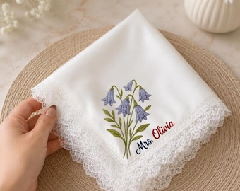 Custom Embroidered Name Handkerchief, Personalized Lace Handkerchief, Bridal Wedding Handkerchief, Mother's Day Gift, Keepsake Gift