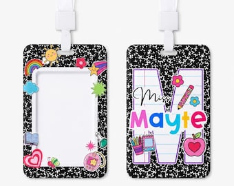 Personalized Teacher ID Badge Holder, Custom Front Back Badge Reel, Cute Composition Notebook Lanyard, Back To School Gift for Teachers