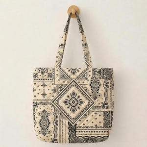 Boho Bandana Quilted Tote Bag, Western Paisley Shoulder Purse, Aesthetic Patchwork Canvas Tote, Large Cotton Shopping Bag, Everyday Handbag