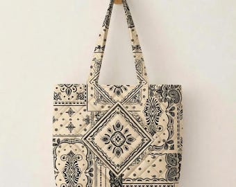 Boho Bandana Quilted Tote Bag, Western Paisley Shoulder Purse, Aesthetic Patchwork Canvas Tote, Large Cotton Shopping Bag, Everyday Handbag