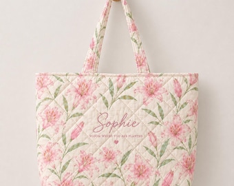 Personalized Floral Tote, Pink Lily Tote Bag, Birthday Gift for Her, Bridesmaid Gift, Teacher Appreciation Gift, End of Year Teacher Gift