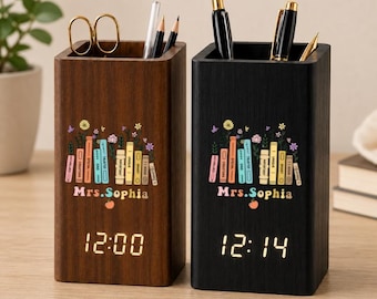Personalized Teacher Desk Organizer with Clock, Custom Wooden Pen Holder, Teacher Appreciation Gift, Book Lover Desk Accessory