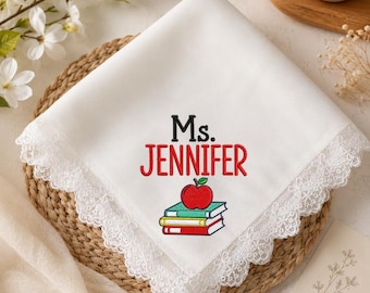 Personalized Embroidered Satin Handkerchief, Custom Teacher Gift with Name, Lace Wedding Handkerchief, Bridal Keepsake Gift