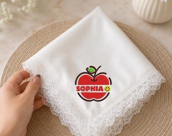 Personalized Teacher Handkerchief, Custom Embroidered Apple Handkerchief, Teacher Appreciation Gift, Lace Handkerchief, Back to School Gift